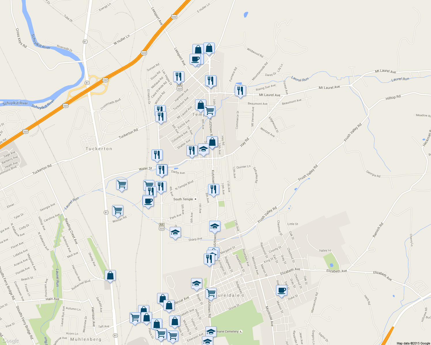 map of restaurants, bars, coffee shops, grocery stores, and more near 4401 Kutztown Road in Temple