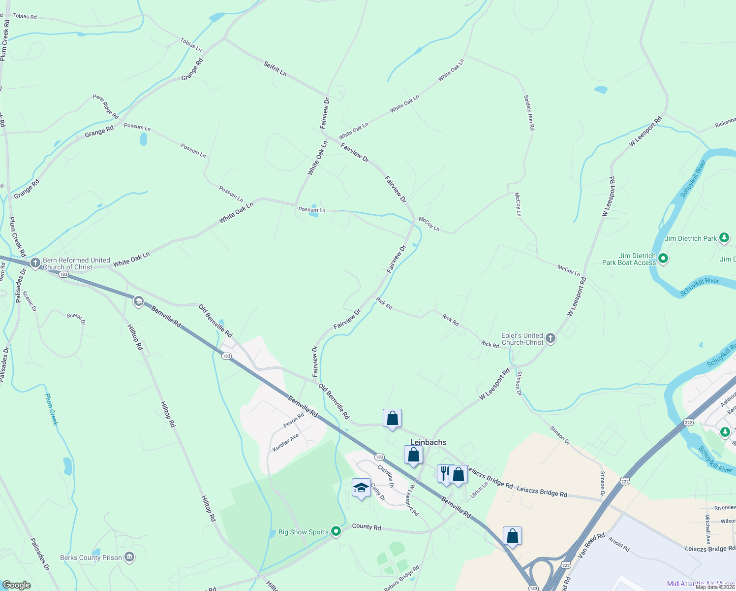 map of restaurants, bars, coffee shops, grocery stores, and more near 1136 Fairview Drive in Reading