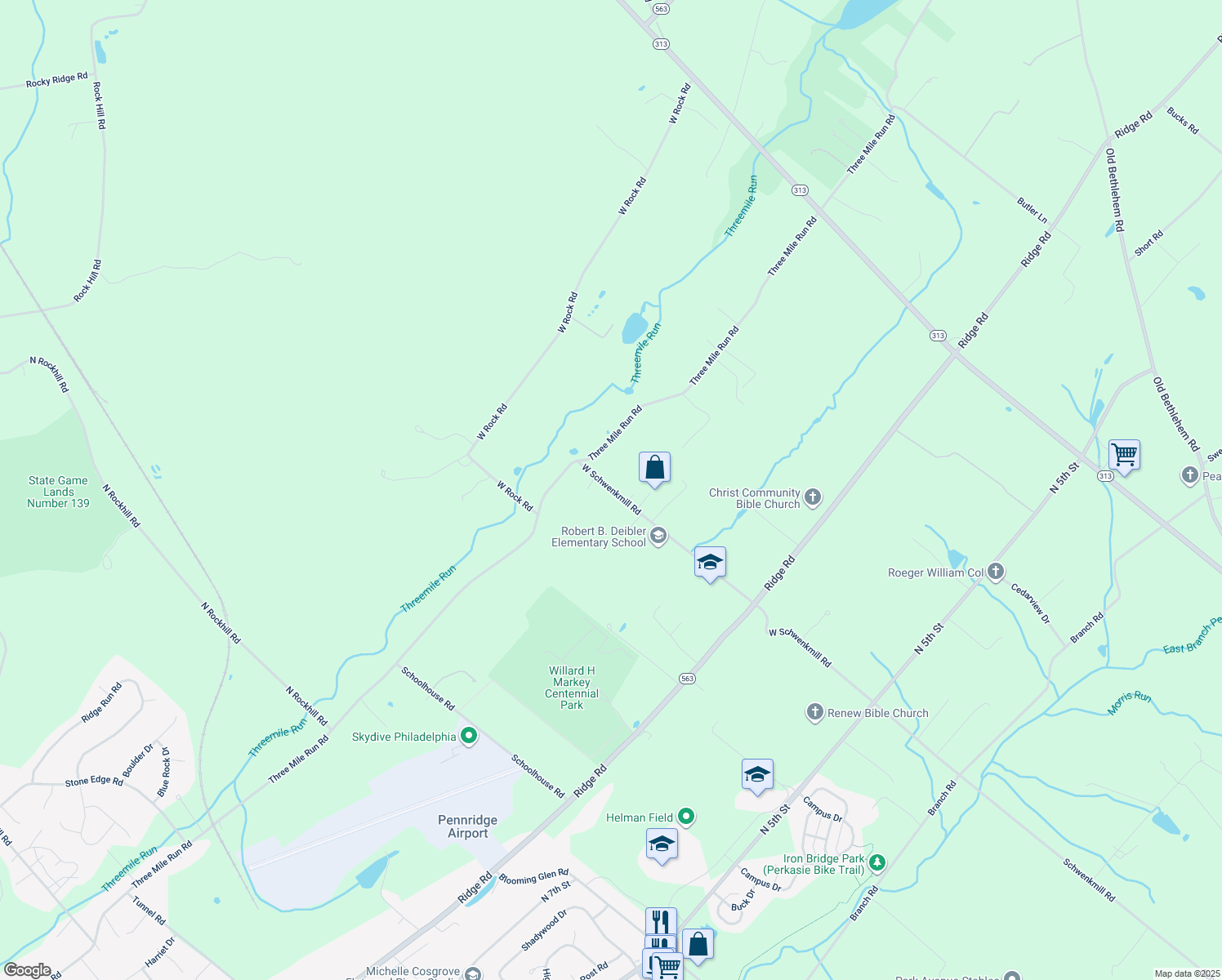 map of restaurants, bars, coffee shops, grocery stores, and more near 1410 West Schwenkmill Road in Perkasie