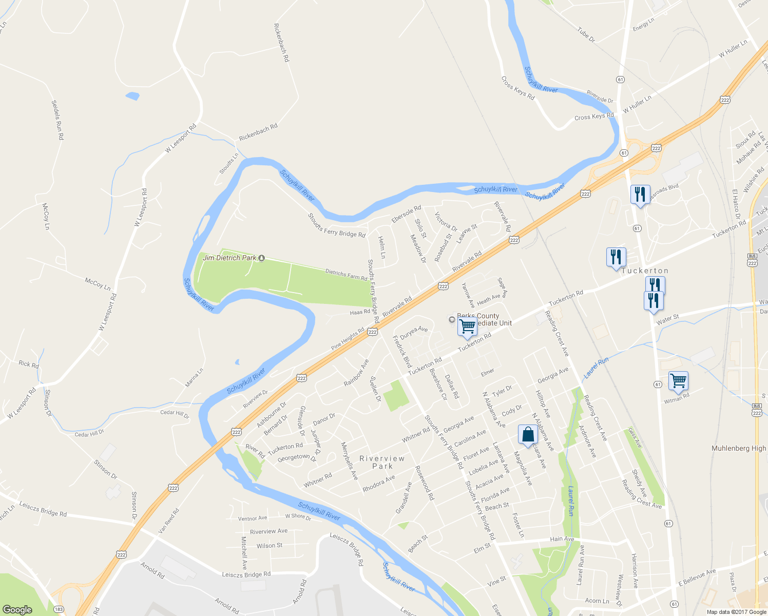 map of restaurants, bars, coffee shops, grocery stores, and more near 759 Rivervale Road in Reading