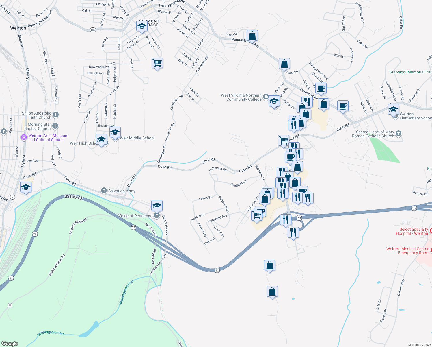map of restaurants, bars, coffee shops, grocery stores, and more near 135 Patterson Rd in Weirton
