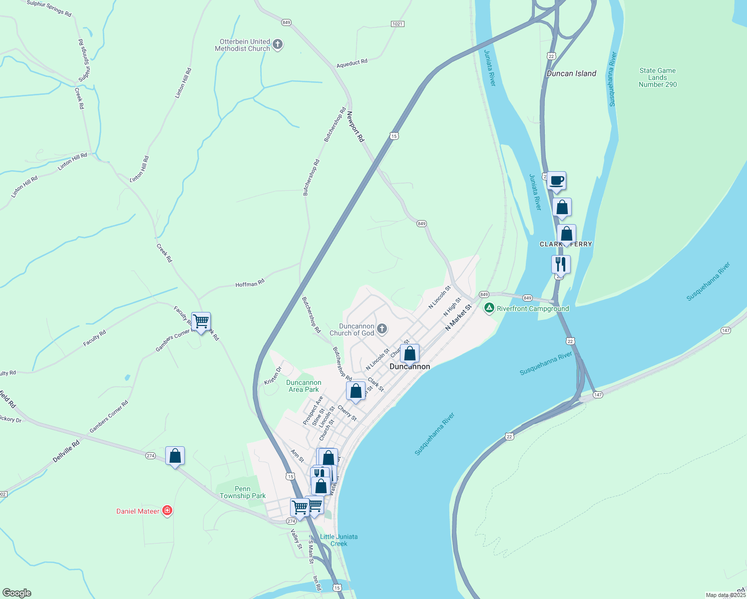 map of restaurants, bars, coffee shops, grocery stores, and more near 31 Eisenhower Blvd in Duncannon