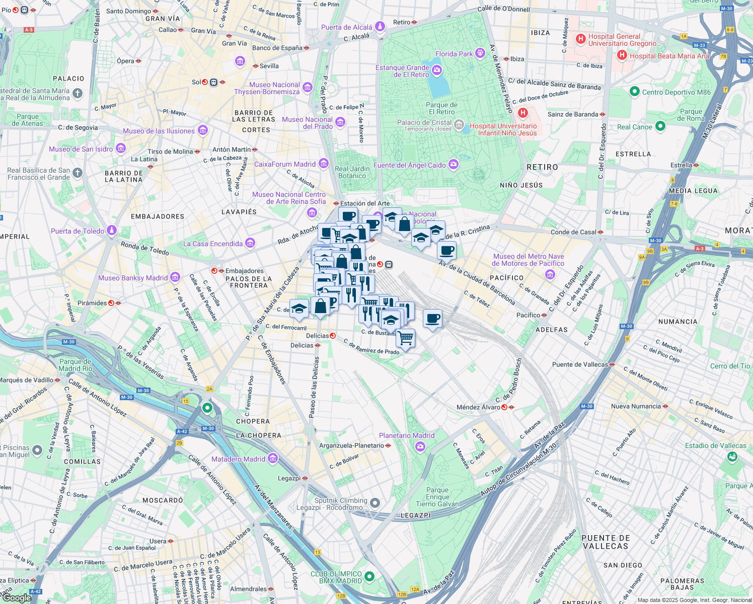 map of restaurants, bars, coffee shops, grocery stores, and more near 40 Calle del Áncora in Madrid