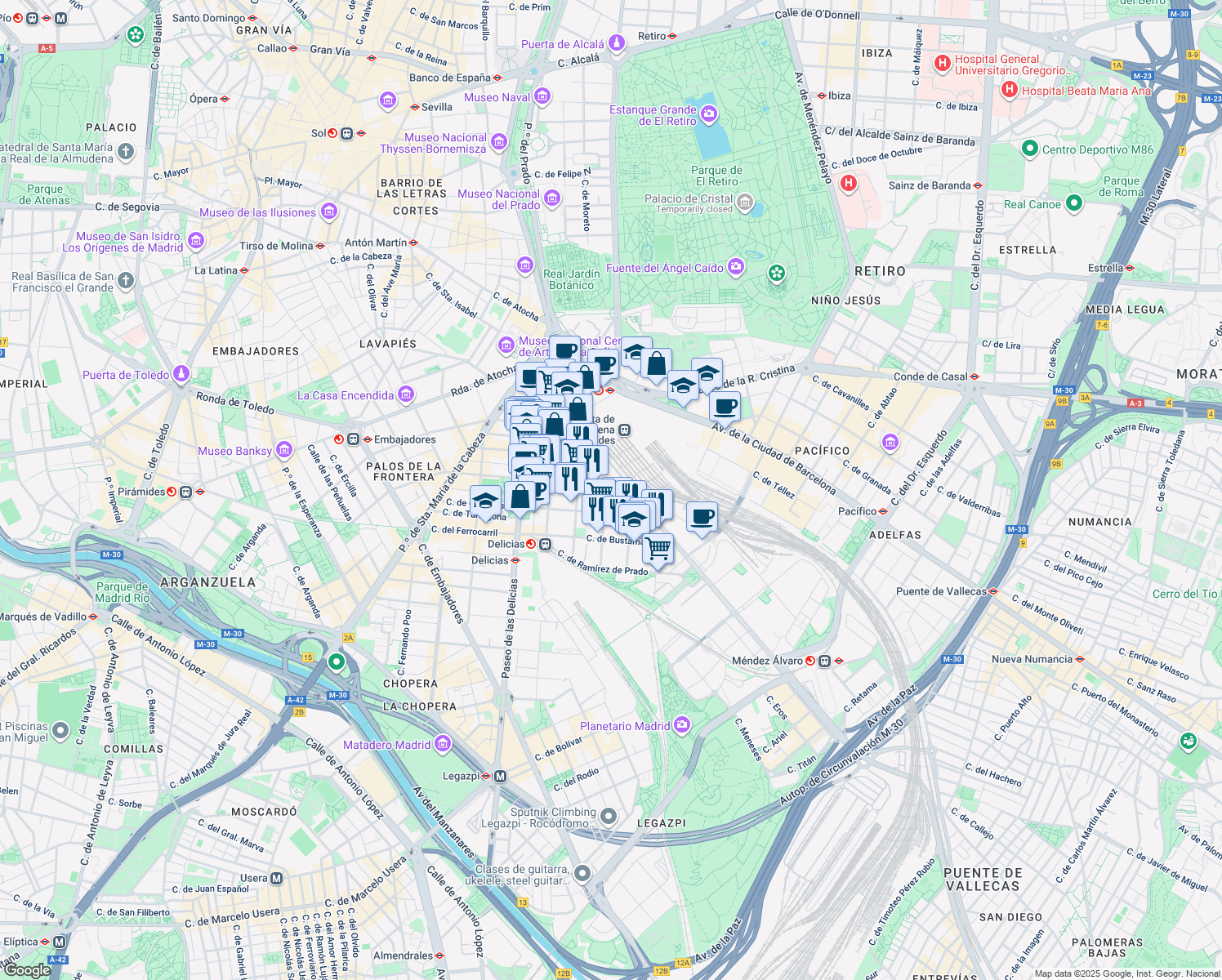 map of restaurants, bars, coffee shops, grocery stores, and more near 40 Calle del Áncora in Madrid