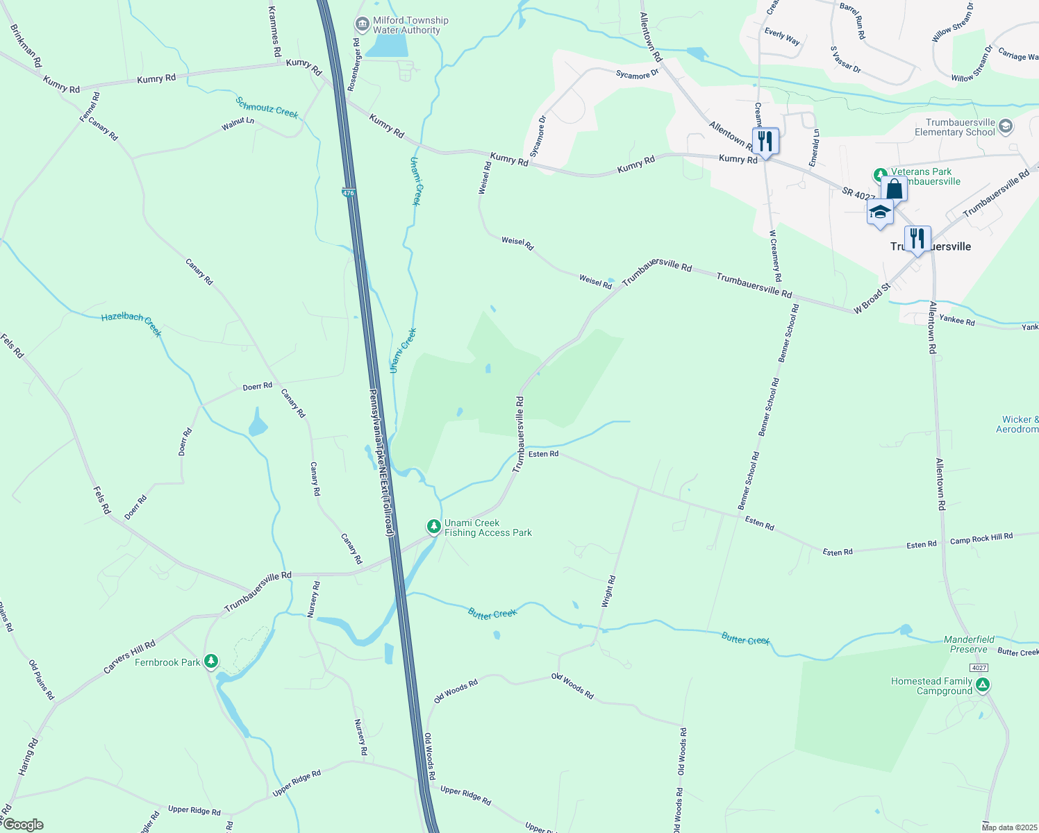 map of restaurants, bars, coffee shops, grocery stores, and more near 2020 Trumbauersville Road in Quakertown