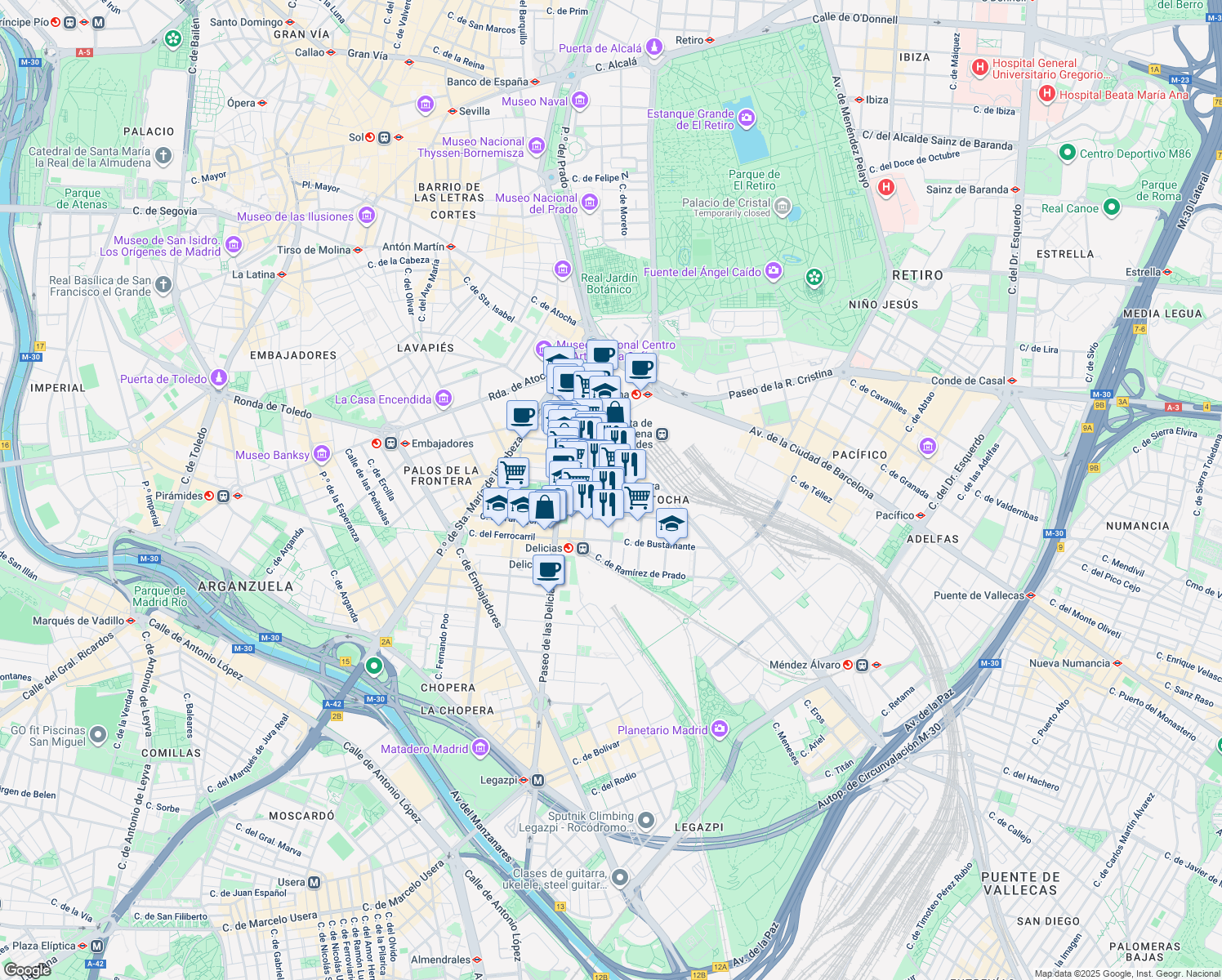 map of restaurants, bars, coffee shops, grocery stores, and more near 28 Calle del General Lacy in Madrid