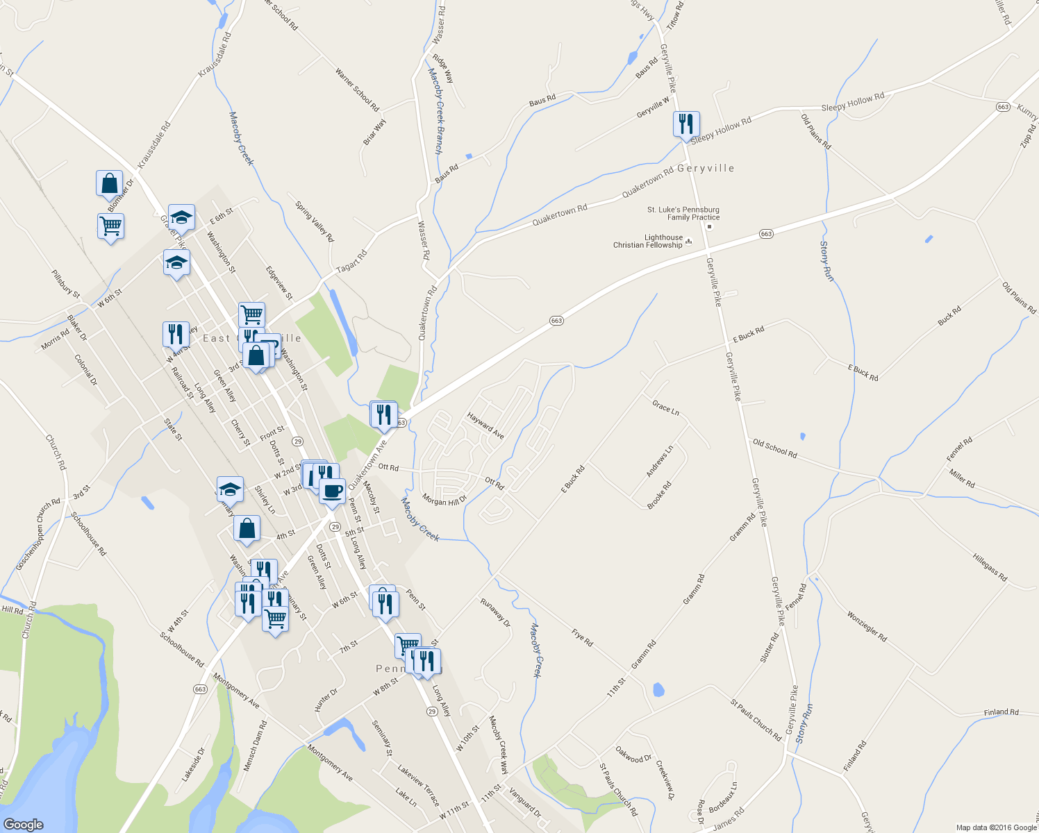 map of restaurants, bars, coffee shops, grocery stores, and more near 2013 Morgan Hill Drive in Pennsburg