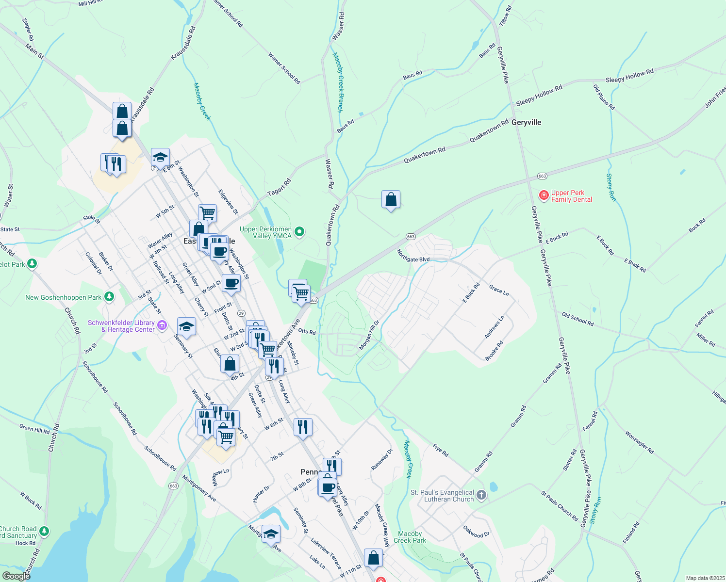 map of restaurants, bars, coffee shops, grocery stores, and more near 2121 Danville Drive in Pennsburg