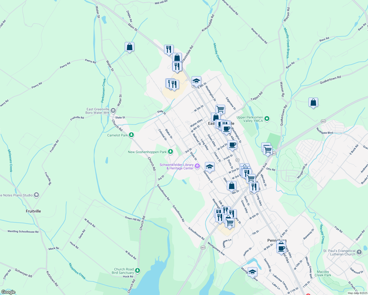map of restaurants, bars, coffee shops, grocery stores, and more near 312 State Street in East Greenville