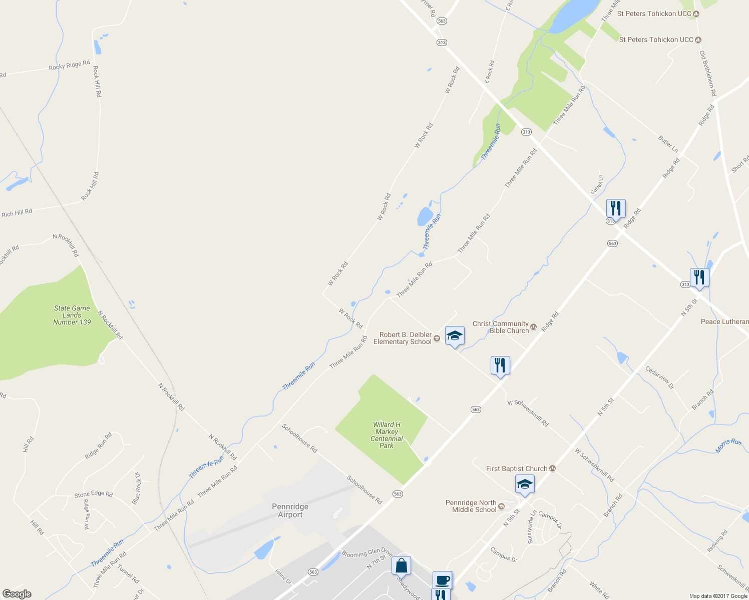 map of restaurants, bars, coffee shops, grocery stores, and more near 1624 Three Mile Run Road in Perkasie