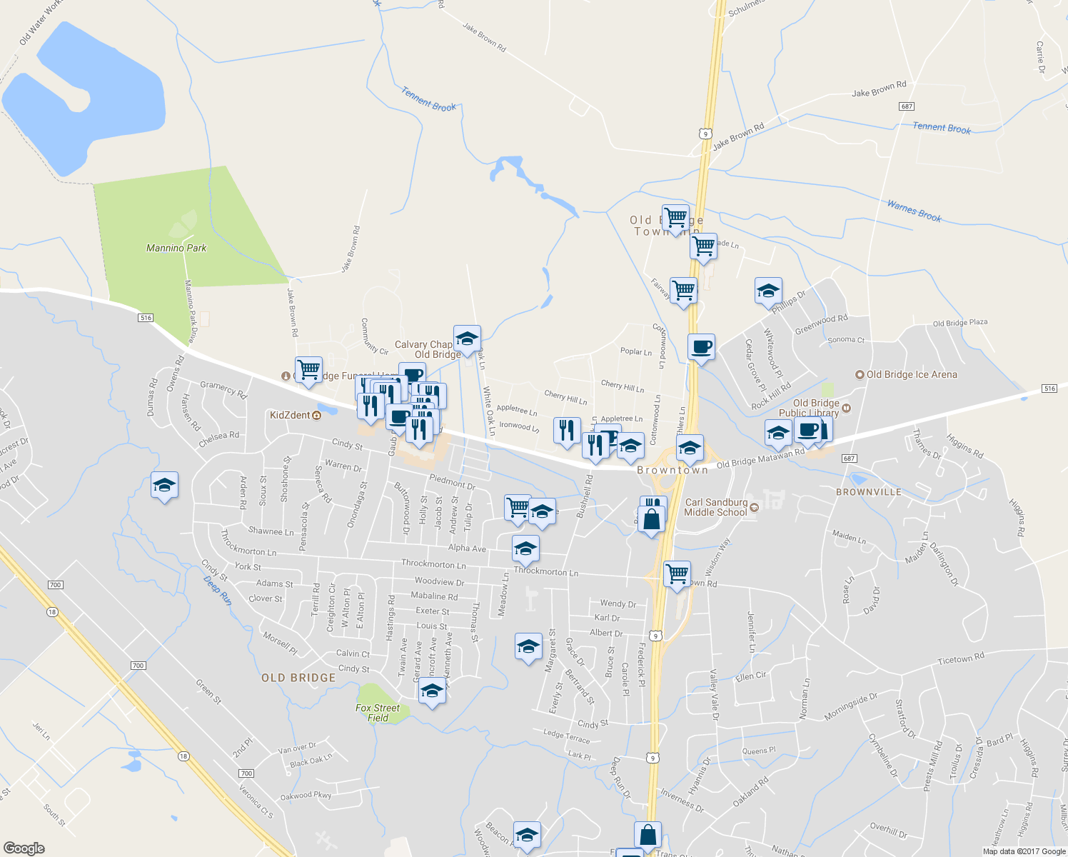 map of restaurants, bars, coffee shops, grocery stores, and more near 11 Ironwood Lane in Old Bridge Township