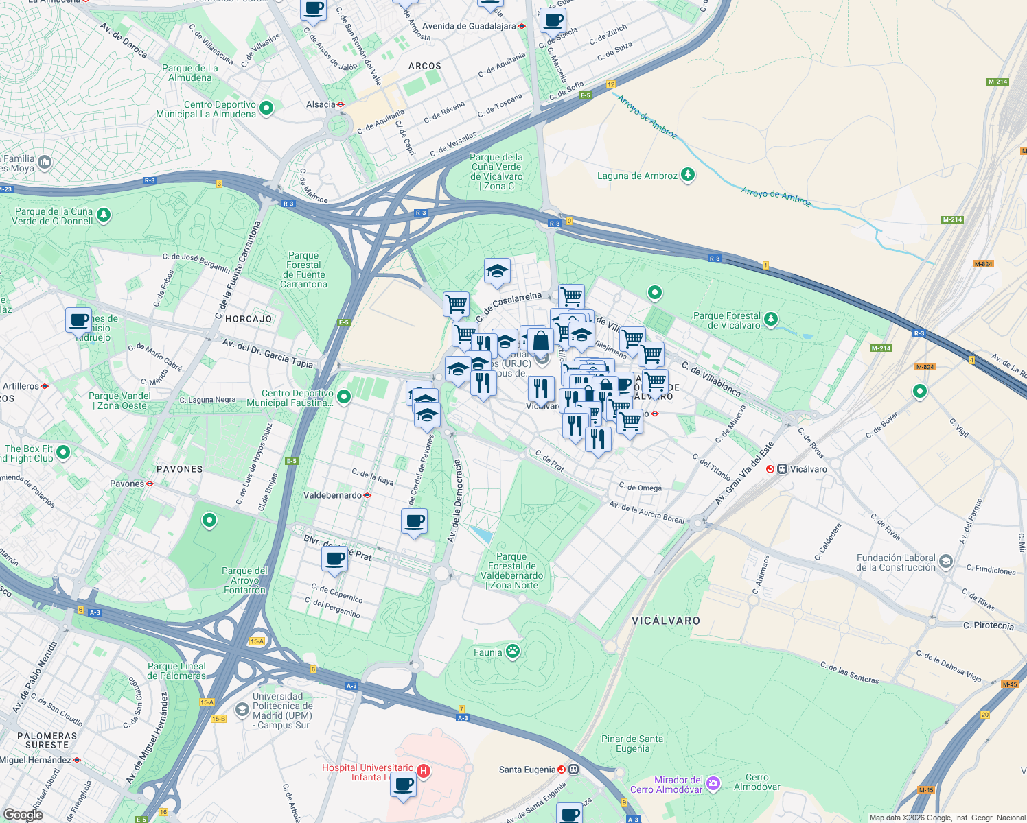 map of restaurants, bars, coffee shops, grocery stores, and more near 2 Calle Cristo de la Guía in Madrid