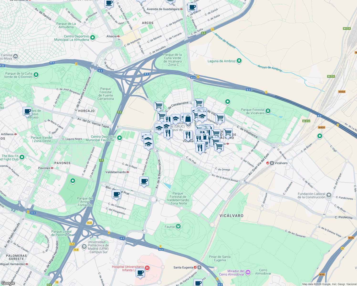 map of restaurants, bars, coffee shops, grocery stores, and more near 2 Calle Cristo de la Guía in Madrid