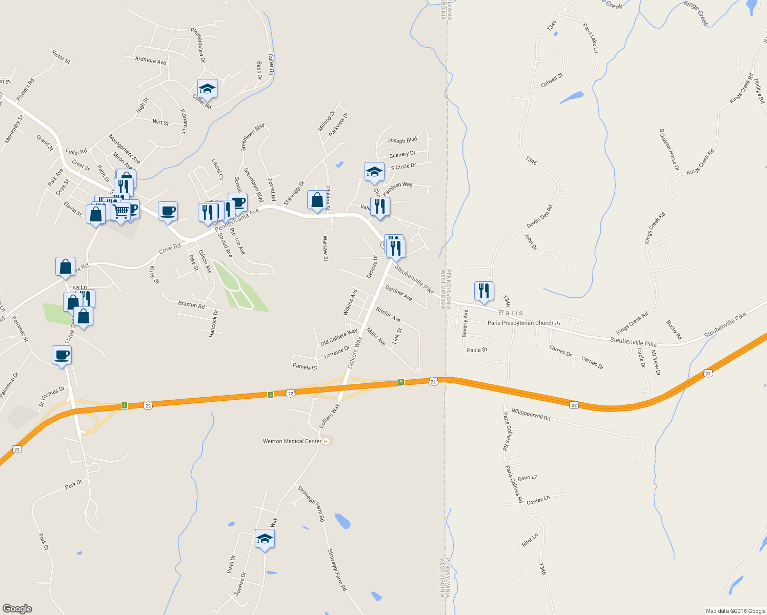 map of restaurants, bars, coffee shops, grocery stores, and more near 205 Ritchie Ave in Weirton
