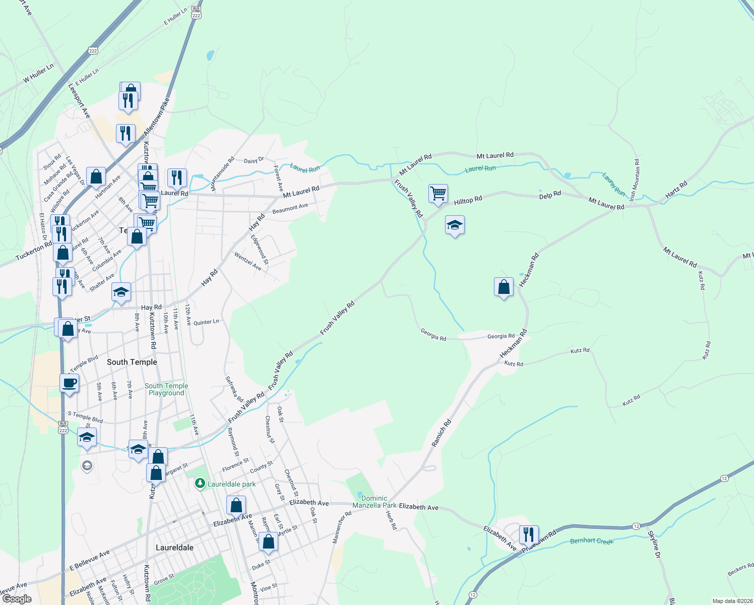 map of restaurants, bars, coffee shops, grocery stores, and more near 1916 Frush Valley Rd in Temple