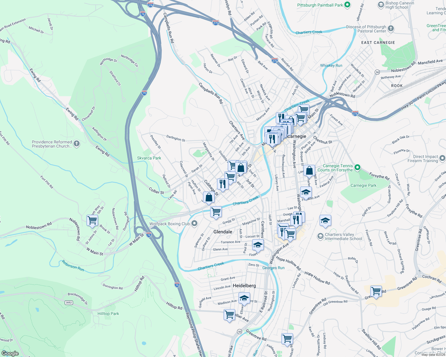 map of restaurants, bars, coffee shops, grocery stores, and more near 503 5th Ave in Carnegie
