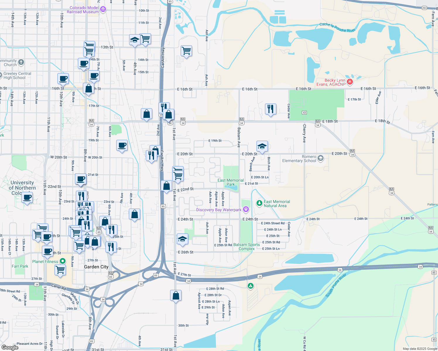 map of restaurants, bars, coffee shops, grocery stores, and more near 2134 Wedgewood Dr in Greeley