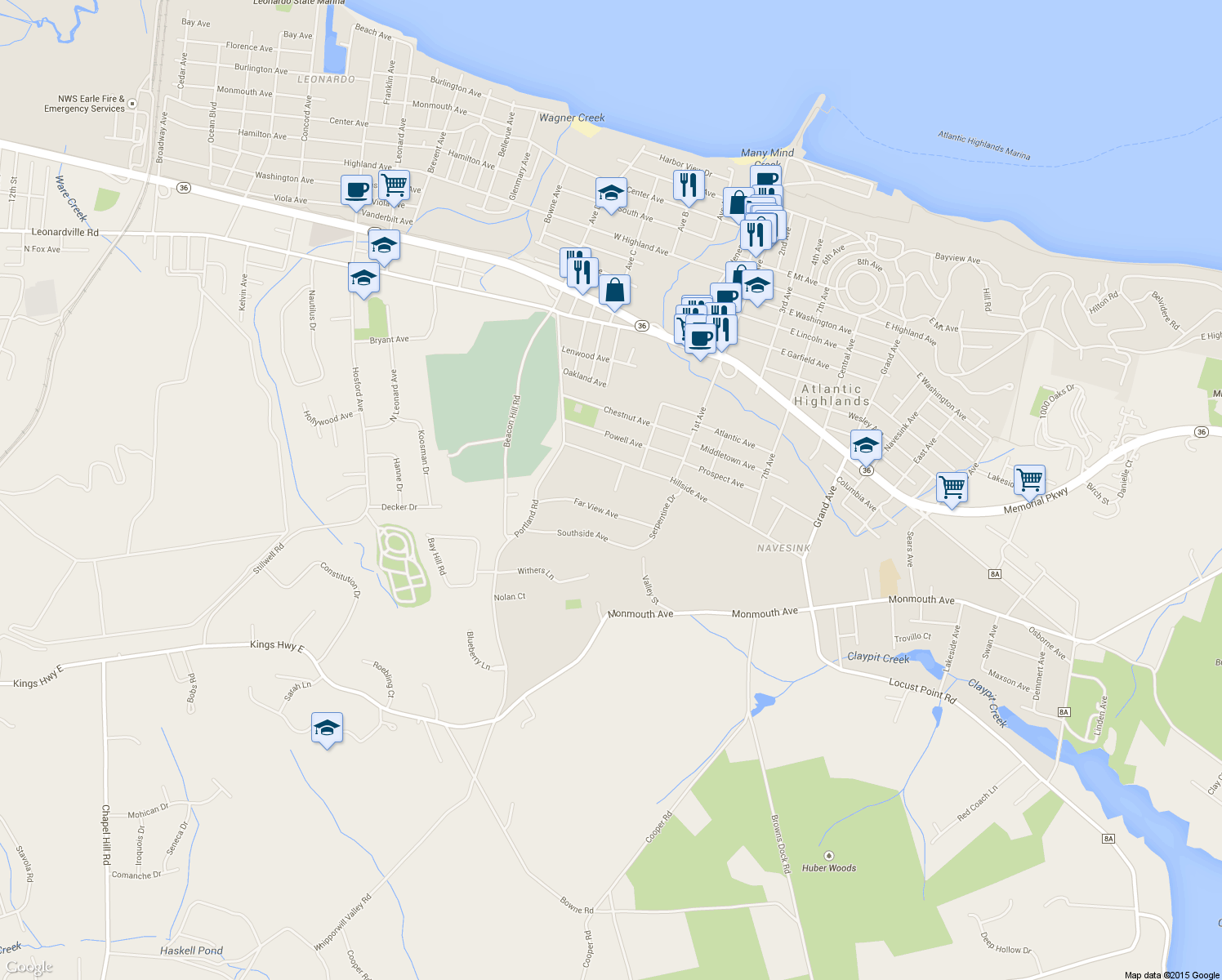 map of restaurants, bars, coffee shops, grocery stores, and more near 16 Glenn Boulevard in Atlantic Highlands