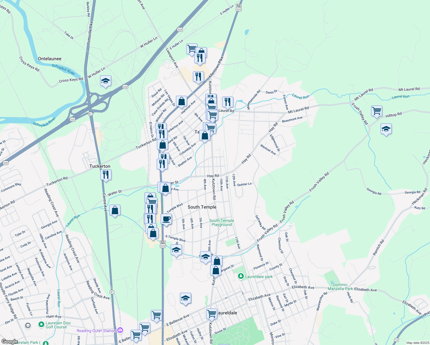 map of restaurants, bars, coffee shops, grocery stores, and more near 4511 Kutztown Road in Temple