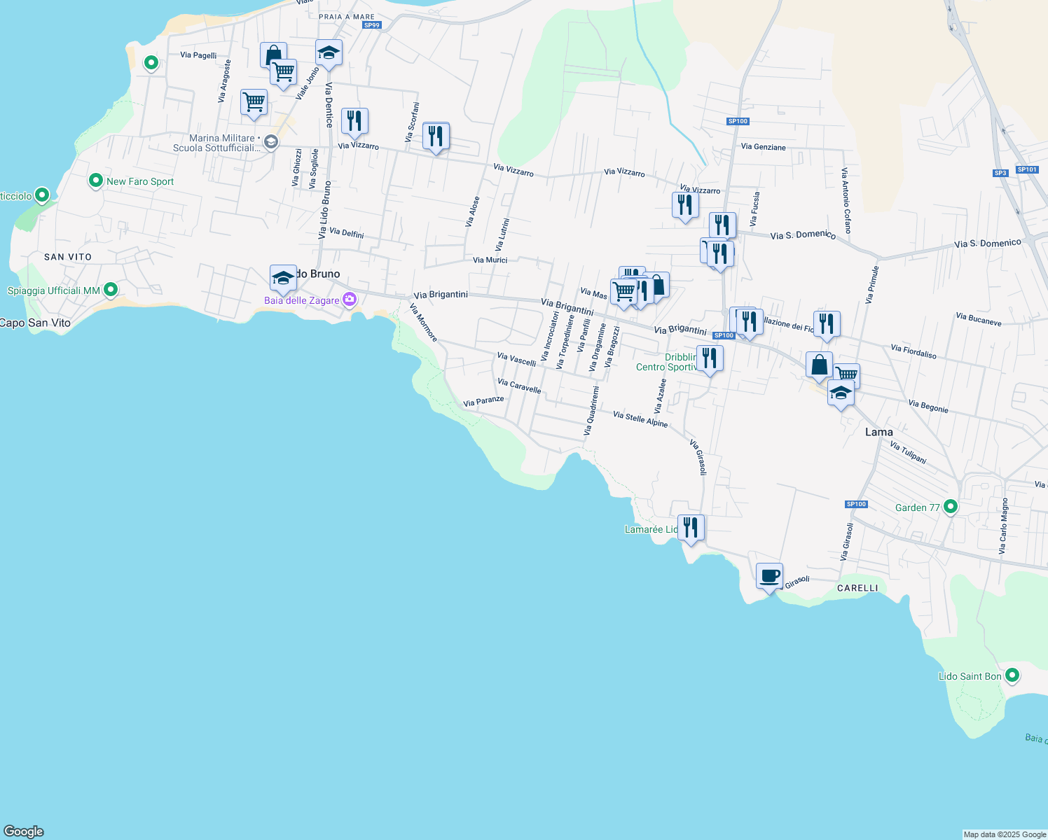 map of restaurants, bars, coffee shops, grocery stores, and more near 21 Via Motovedette in Taranto