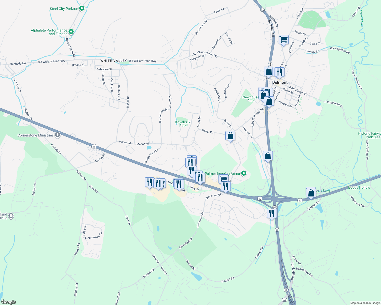 map of restaurants, bars, coffee shops, grocery stores, and more near 1008 Manor Vue Court in Delmont