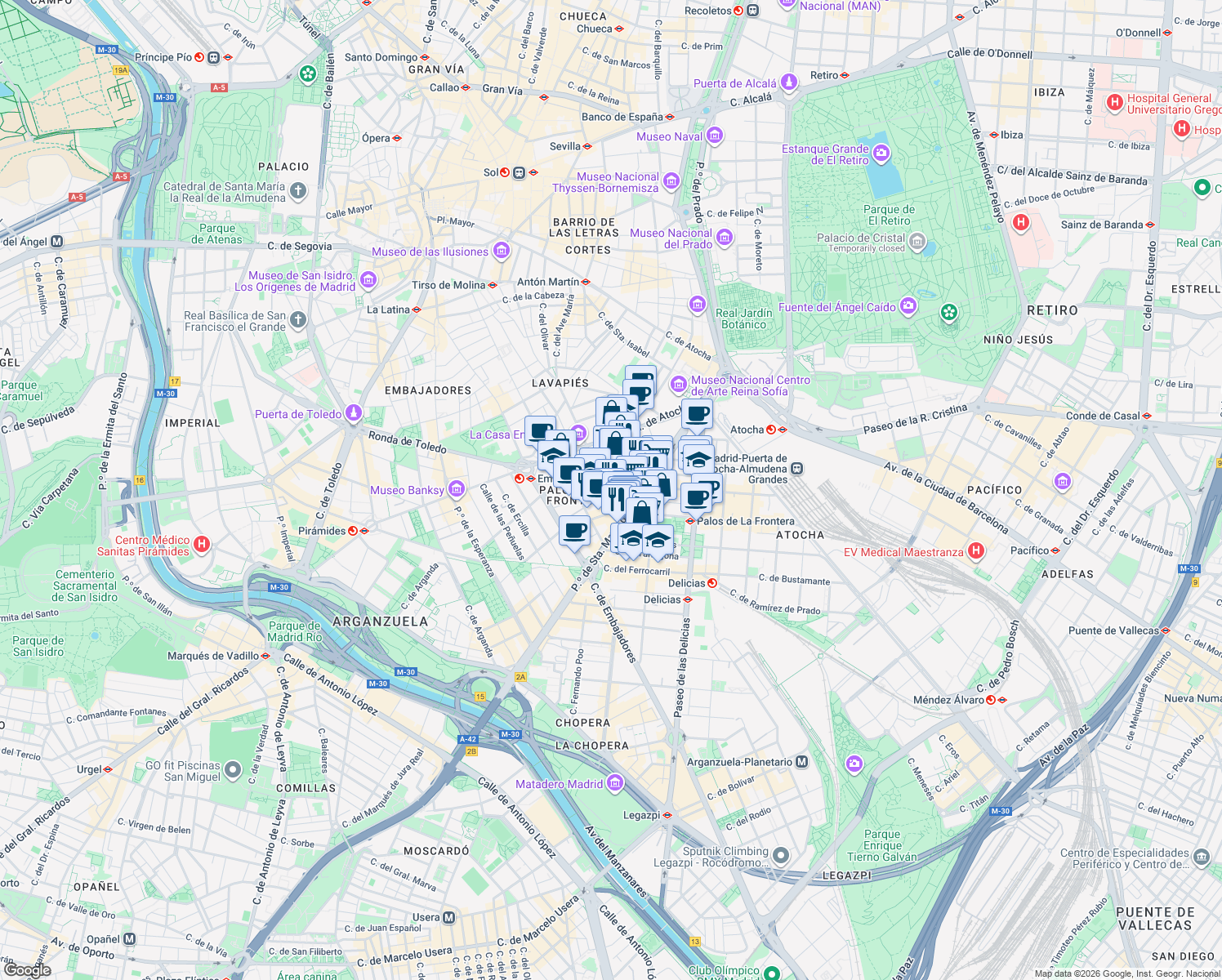 map of restaurants, bars, coffee shops, grocery stores, and more near 13 Calle de Fray Luis de León in Madrid