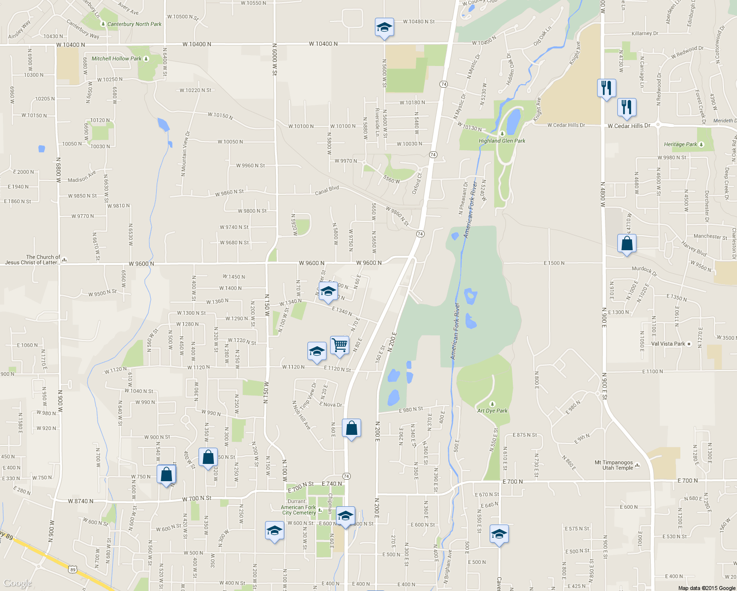 map of restaurants, bars, coffee shops, grocery stores, and more near 1392 N 70 E in American Fork