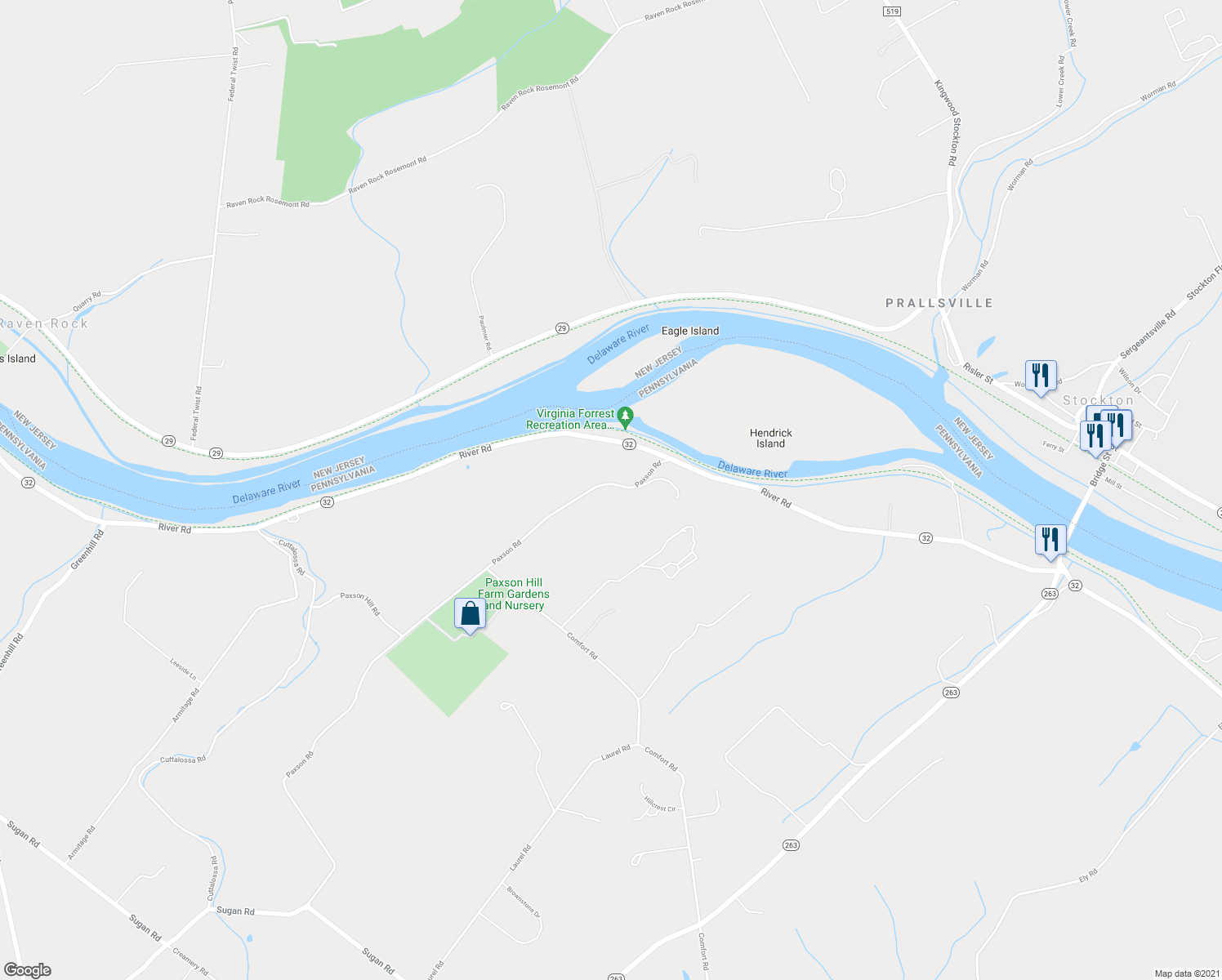 map of restaurants, bars, coffee shops, grocery stores, and more near 6872 Paxson Rd in New Hope