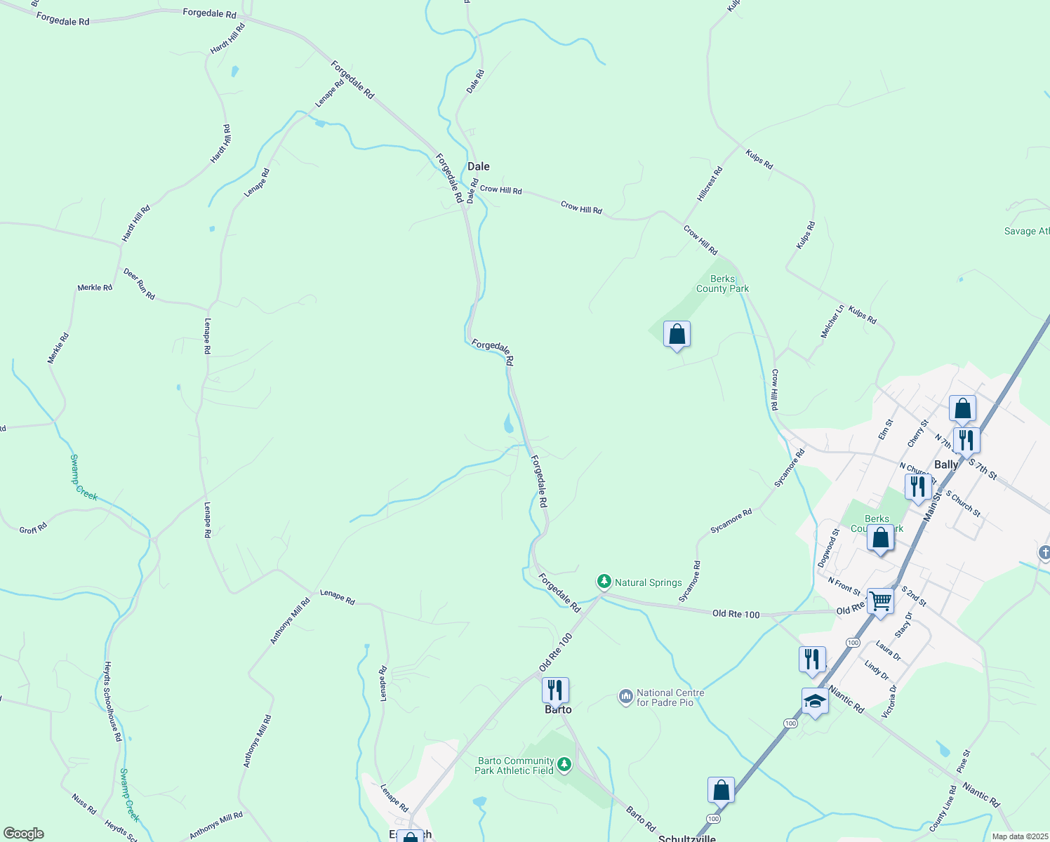 map of restaurants, bars, coffee shops, grocery stores, and more near 720 Forgedale Road in Barto