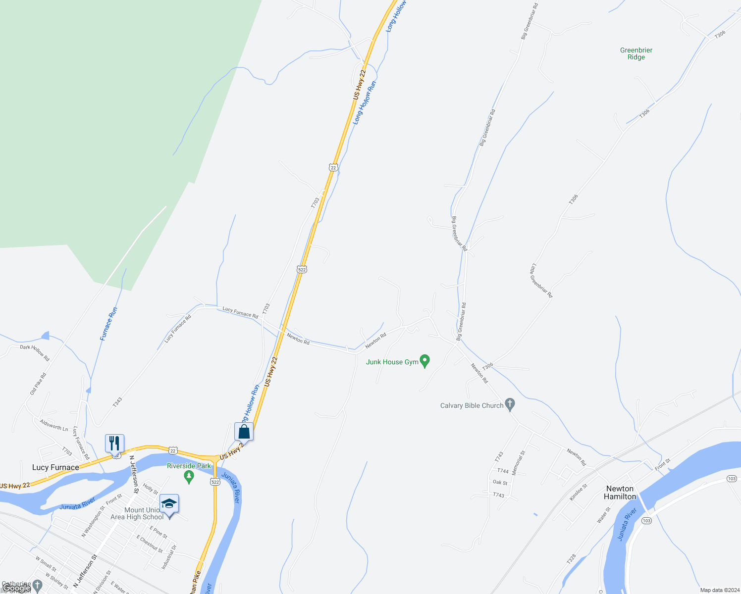 map of restaurants, bars, coffee shops, grocery stores, and more near 175 Hilltop Lane in McVeytown