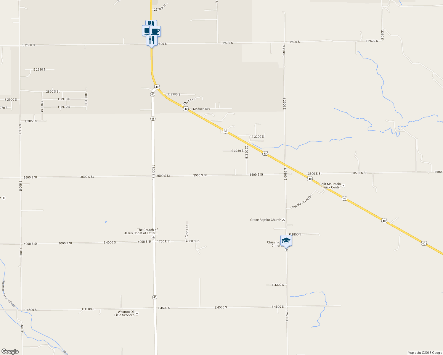 map of restaurants, bars, coffee shops, grocery stores, and more near 2020 3500 South Street in Vernal
