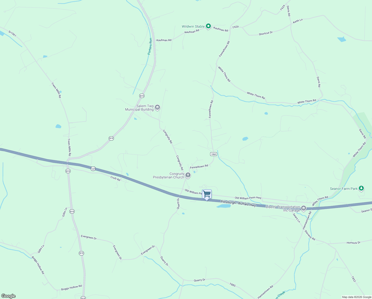 map of restaurants, bars, coffee shops, grocery stores, and more near 188H Congruity Road in New Alexandria