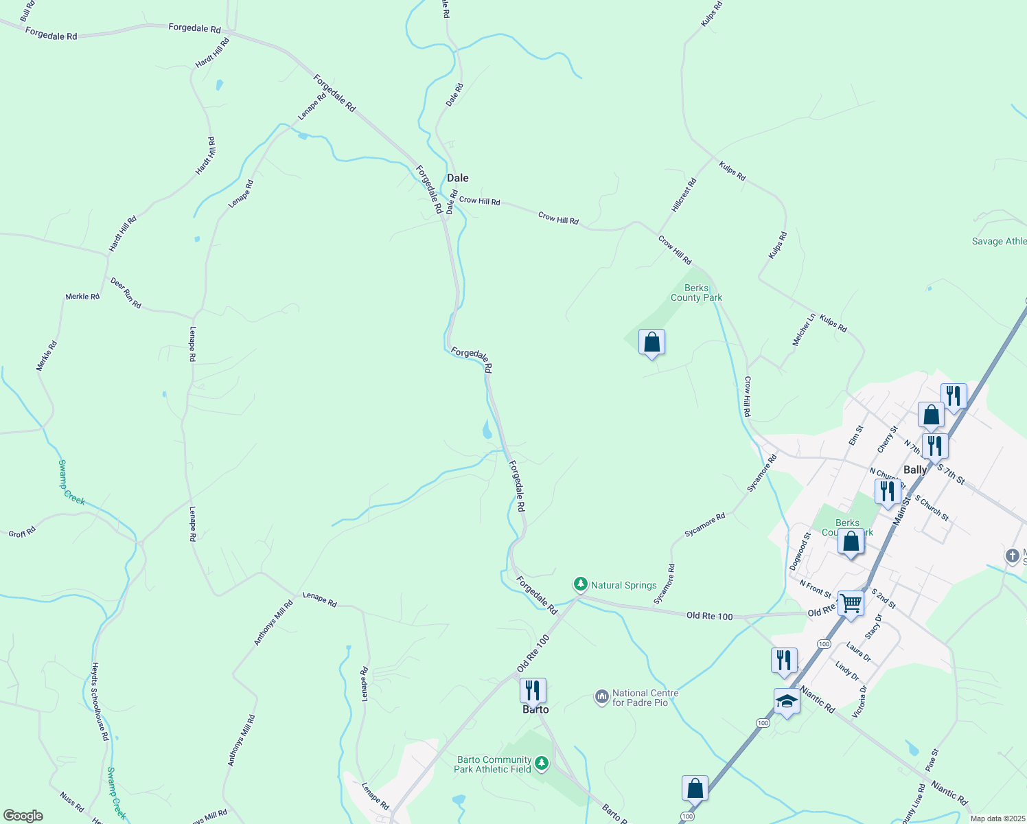 map of restaurants, bars, coffee shops, grocery stores, and more near 720 Forgedale Road in Barto