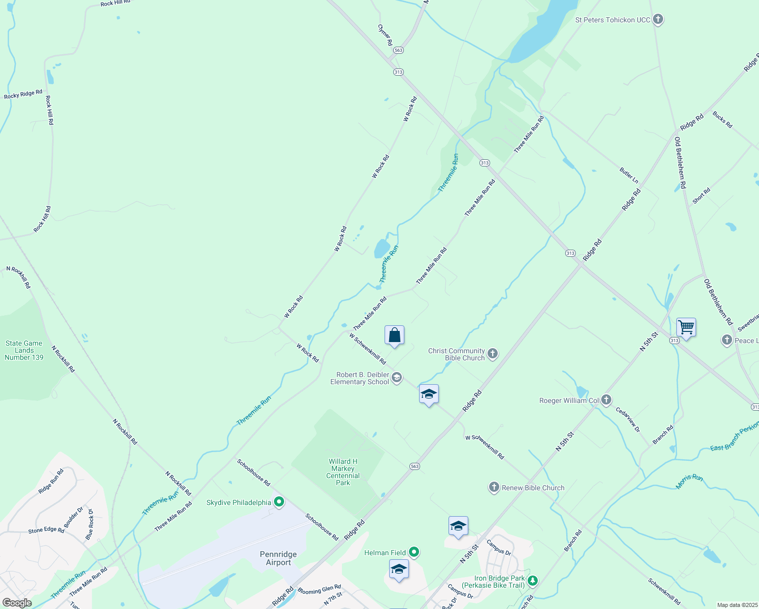 map of restaurants, bars, coffee shops, grocery stores, and more near 1835 3 Mile Run Rd in Perkasie