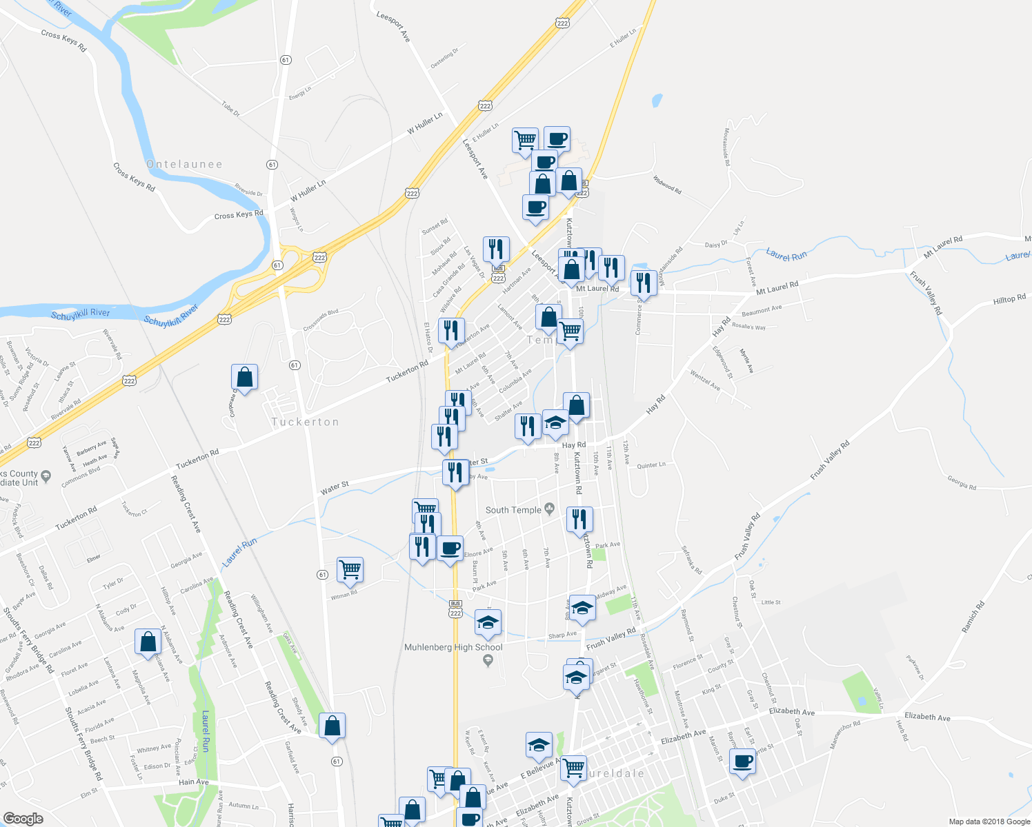 map of restaurants, bars, coffee shops, grocery stores, and more near 600 Shalter Avenue in Temple
