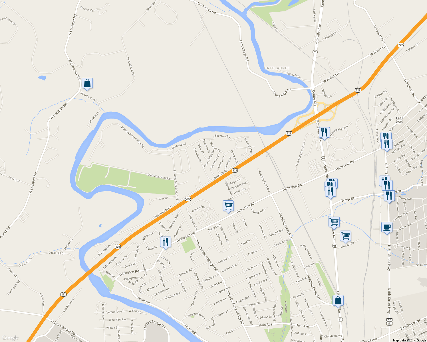 map of restaurants, bars, coffee shops, grocery stores, and more near 1007 Rosebud Street in Reading