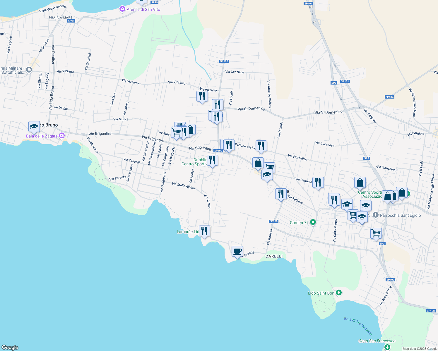 map of restaurants, bars, coffee shops, grocery stores, and more near 22 Via Orchidee in Taranto