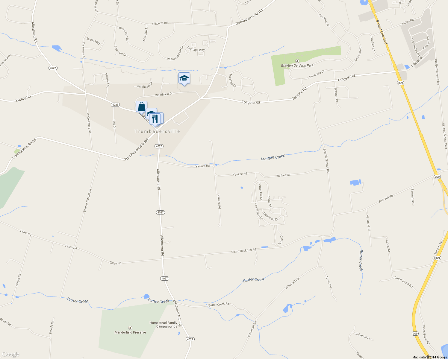 map of restaurants, bars, coffee shops, grocery stores, and more near 372 Yankee Rd in Quakertown