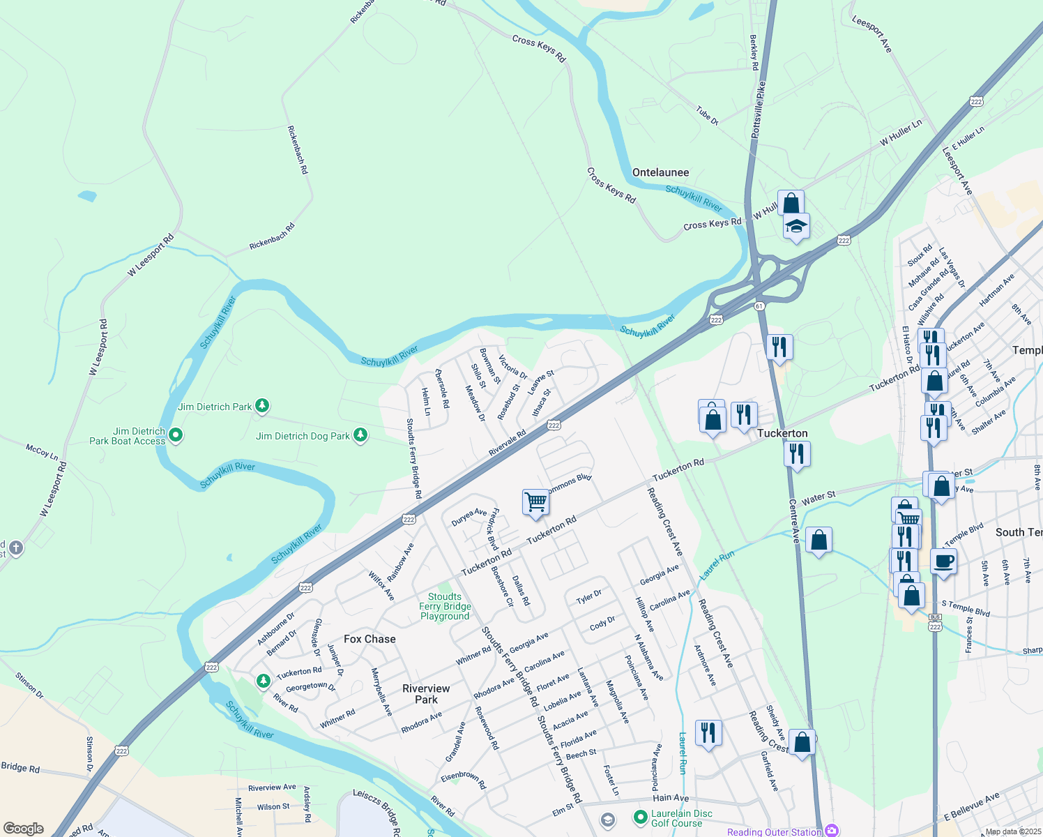 map of restaurants, bars, coffee shops, grocery stores, and more near 1005 Leanne Street in Reading