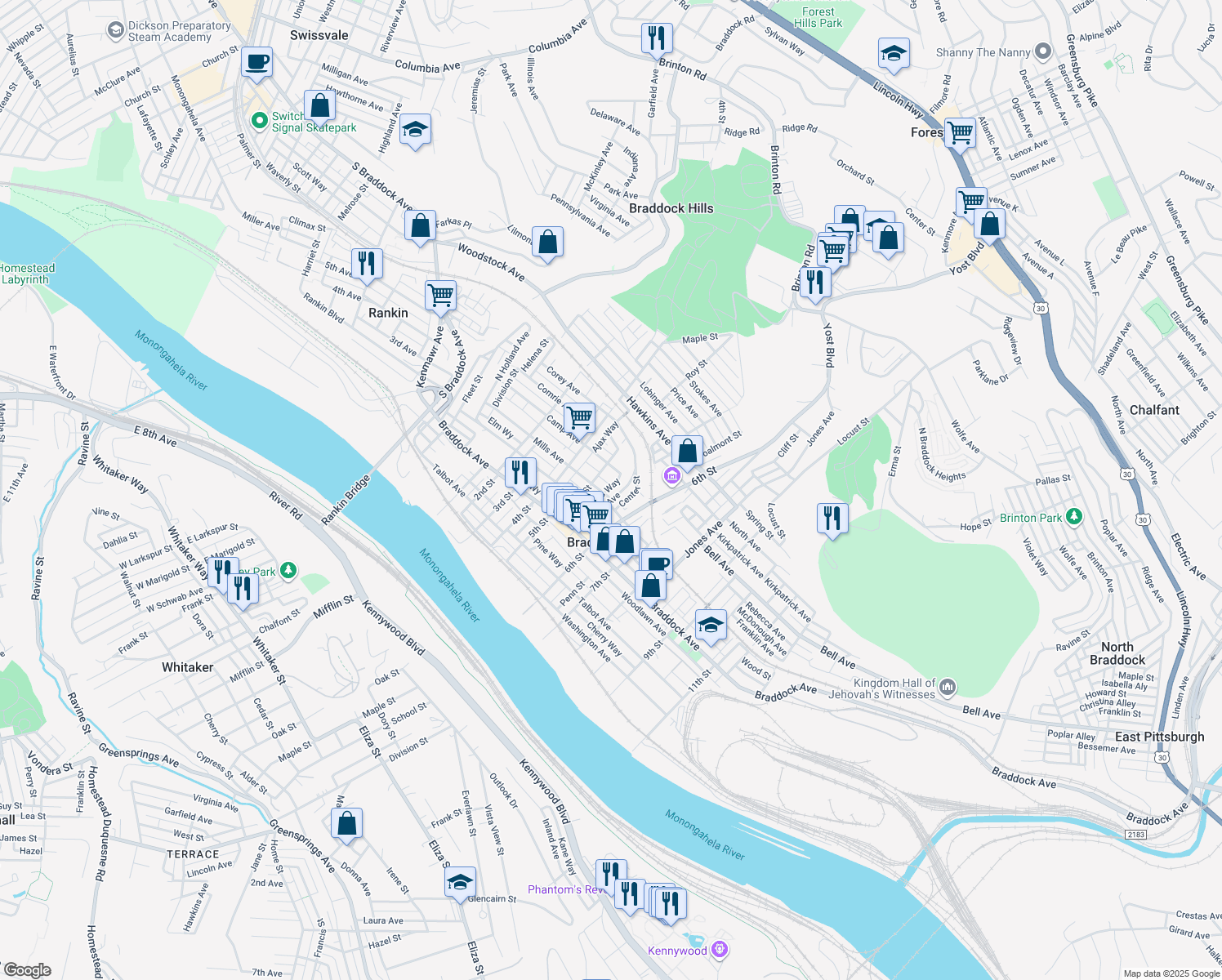 map of restaurants, bars, coffee shops, grocery stores, and more near 586 Corey Avenue in Braddock