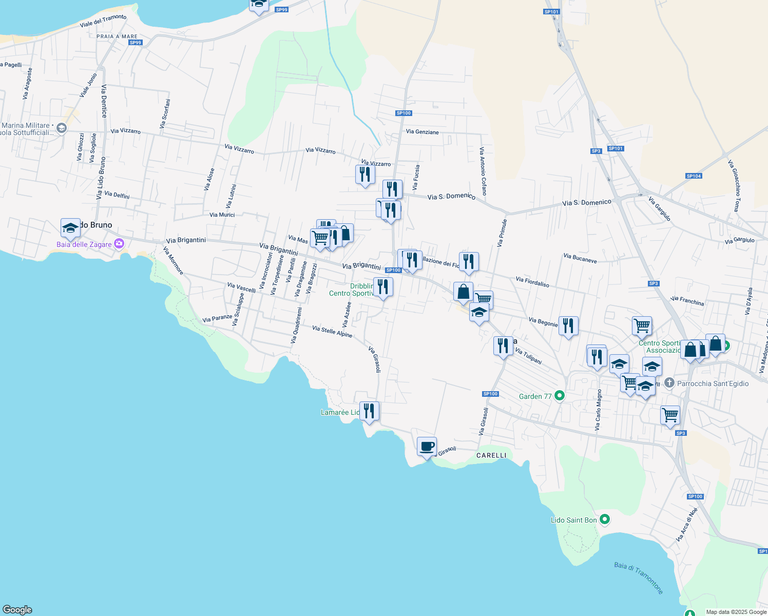 map of restaurants, bars, coffee shops, grocery stores, and more near 22 Via Orchidee in Taranto