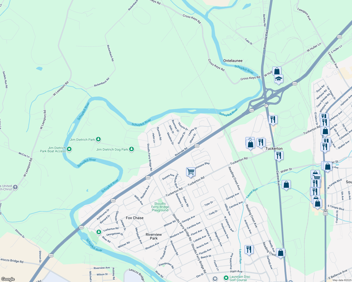 map of restaurants, bars, coffee shops, grocery stores, and more near 1003 Sunny Ridge Road in Reading