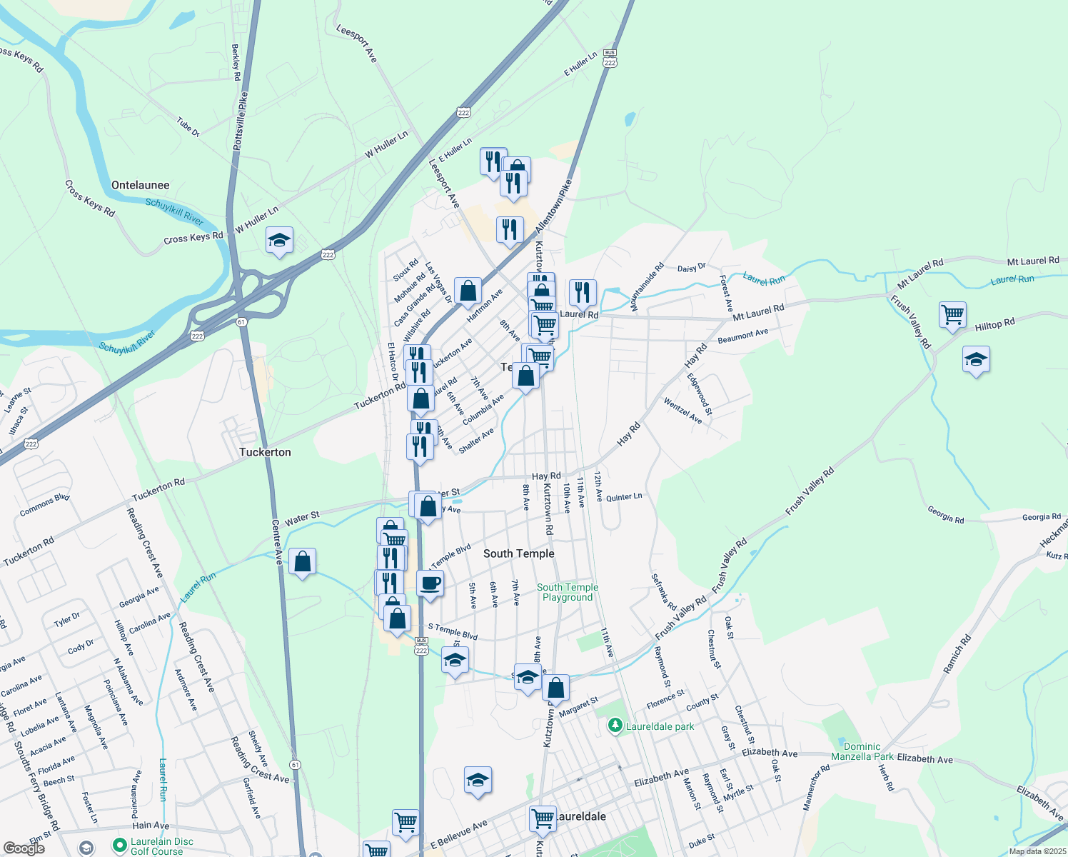 map of restaurants, bars, coffee shops, grocery stores, and more near 812 Water Street in Temple