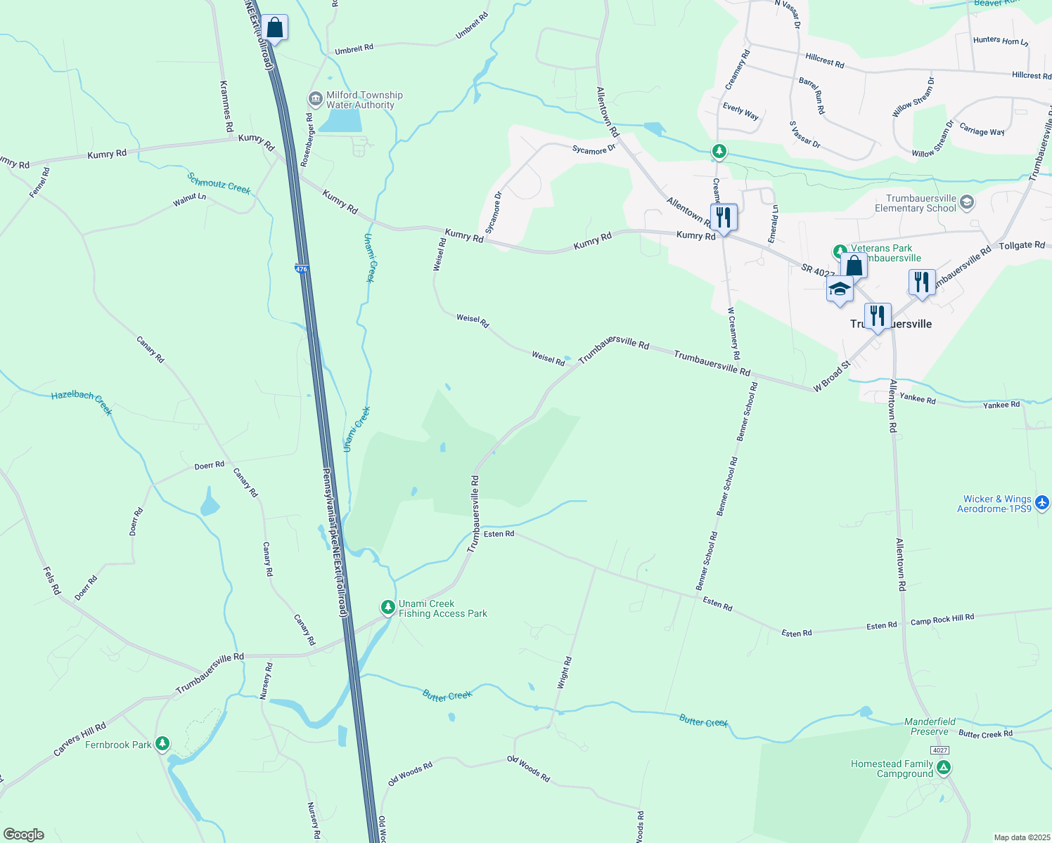 map of restaurants, bars, coffee shops, grocery stores, and more near 2070 Trumbauersville Rd in Quakertown