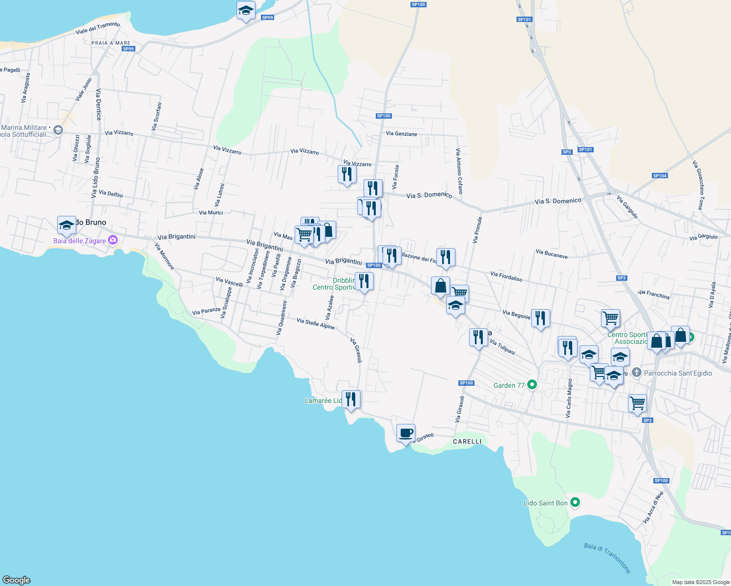 map of restaurants, bars, coffee shops, grocery stores, and more near 22 Via Orchidee in Taranto