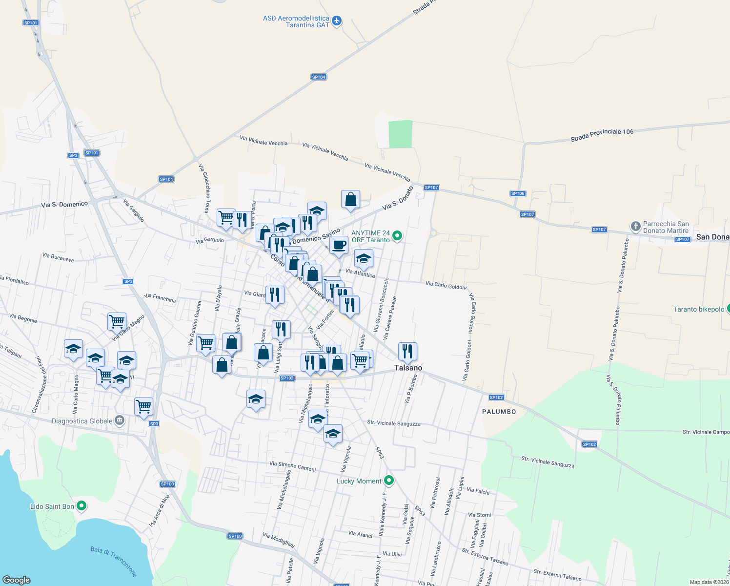 map of restaurants, bars, coffee shops, grocery stores, and more near 1 Via della Cabina in Taranto