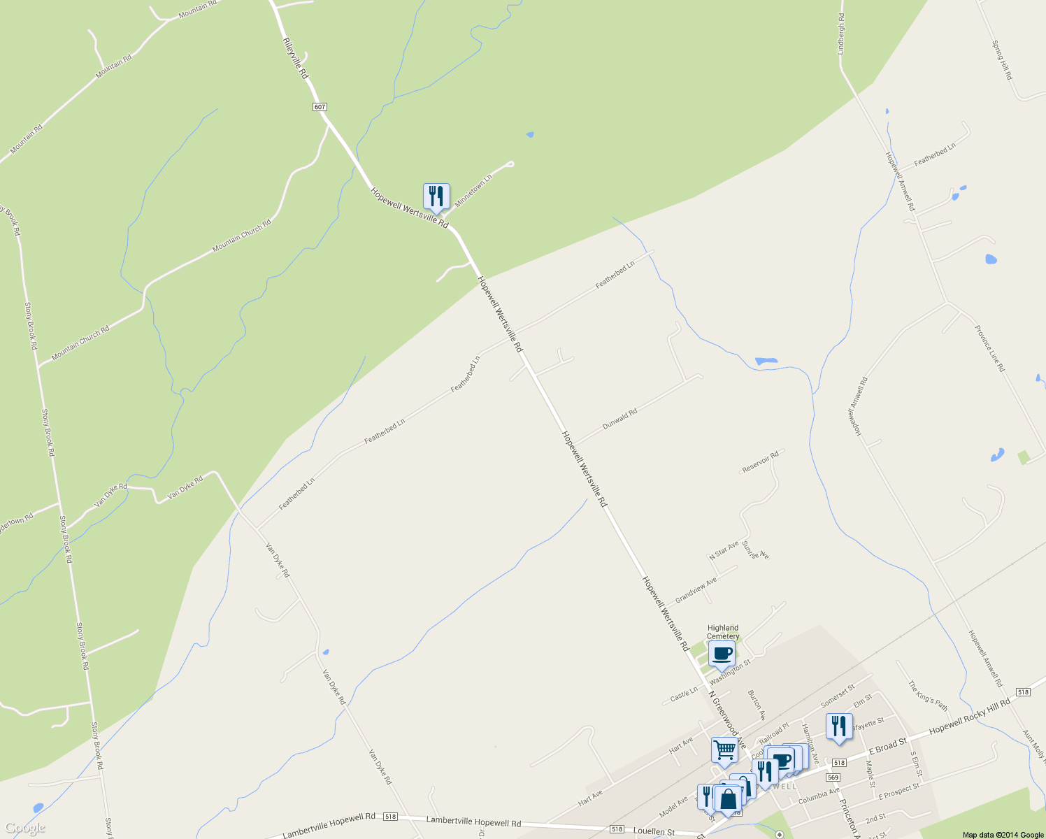 map of restaurants, bars, coffee shops, grocery stores, and more near 154 Hopewell Wertsville Rd in Hopewell Township