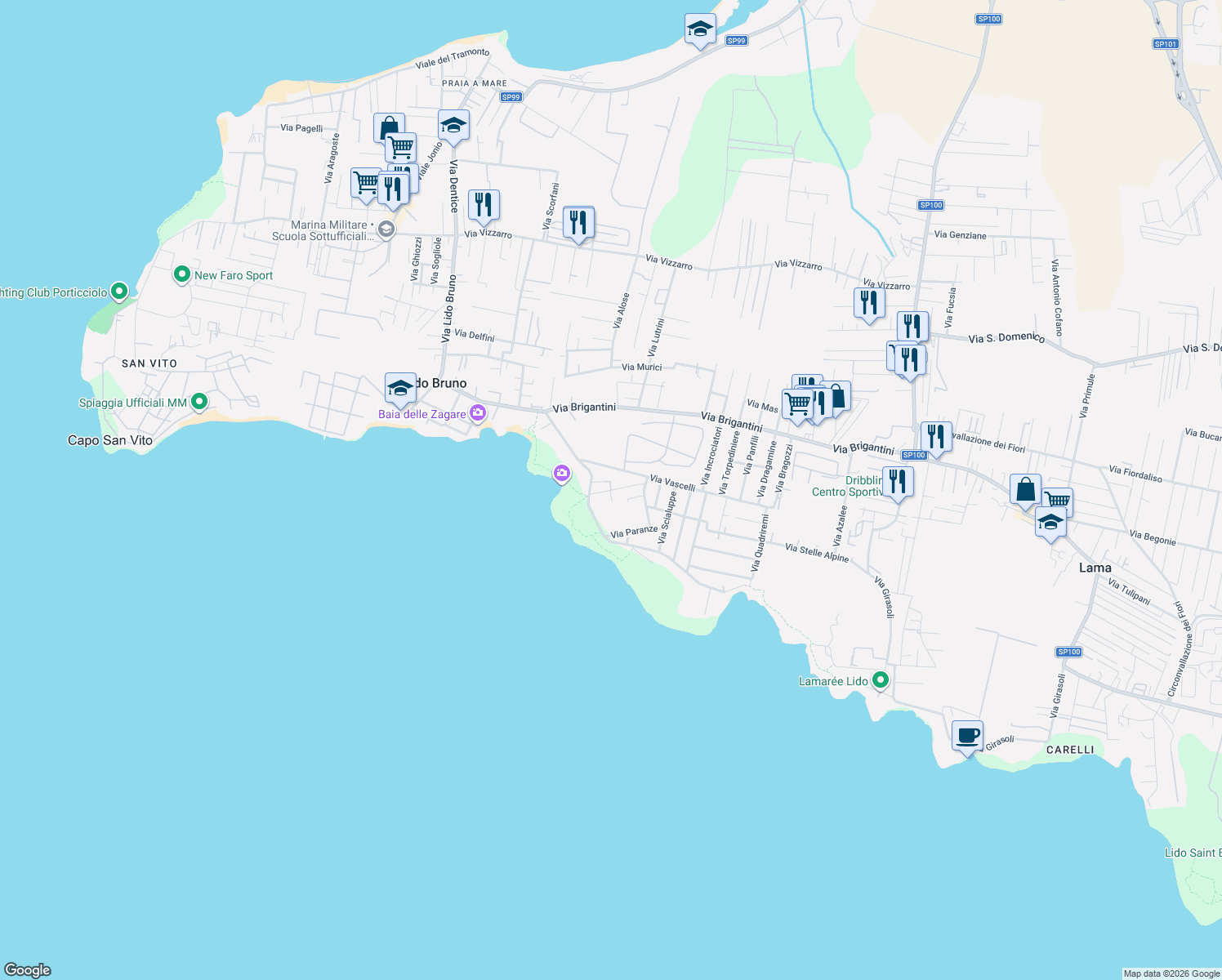 map of restaurants, bars, coffee shops, grocery stores, and more near 13 Via Mormore in Taranto