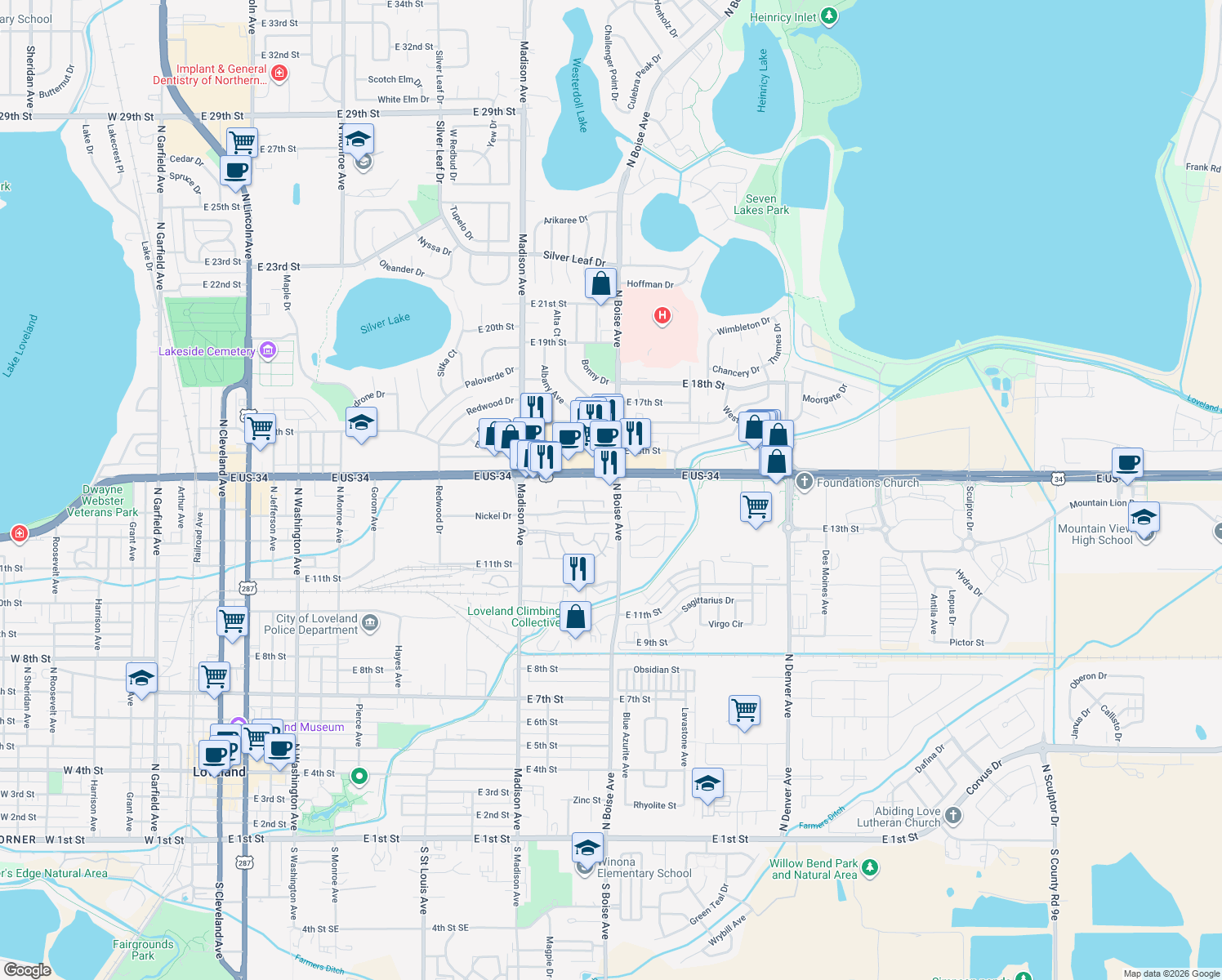 map of restaurants, bars, coffee shops, grocery stores, and more near 1600 East Eisenhower Boulevard in Loveland