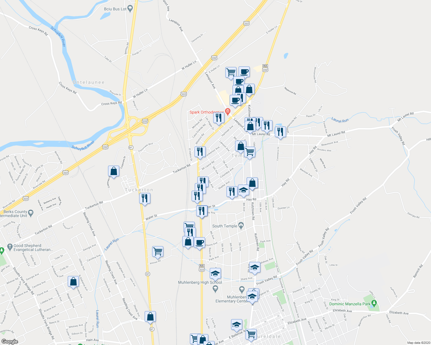map of restaurants, bars, coffee shops, grocery stores, and more near 596 Euclid Avenue in Temple